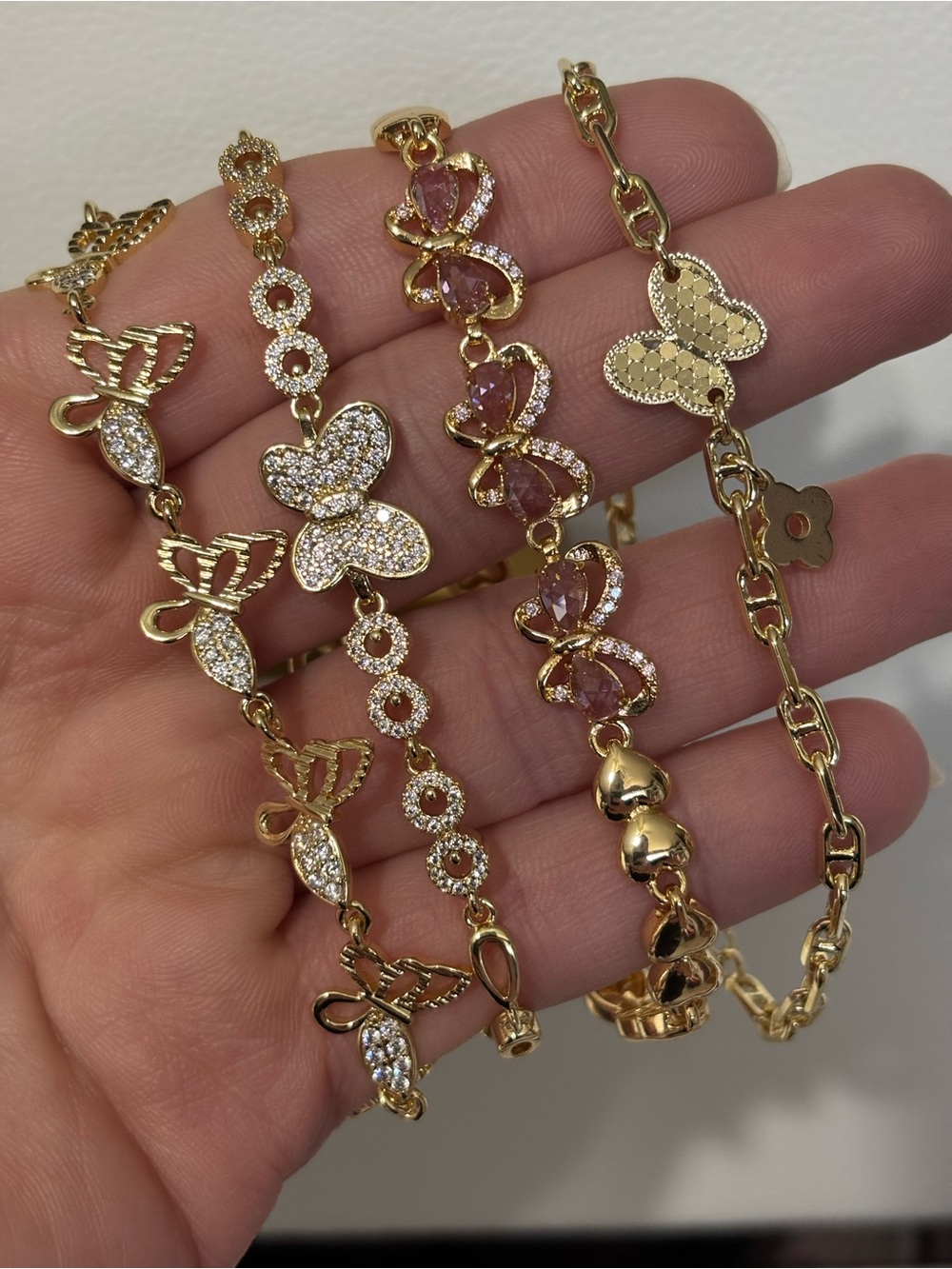 Gold Butterfly & Heart Bracelet Set - Pink Accents
